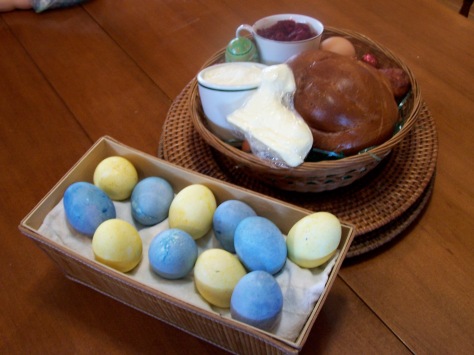 Our traditional Easter foods, and my natural-dyed eggs.